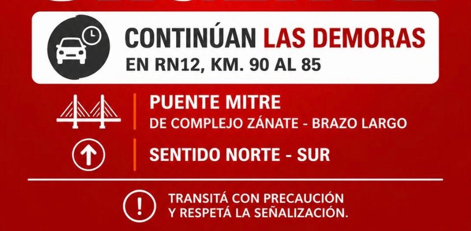 Demoras en la Ruta 12: explicaron que los trabajos en el Puente Mitre obligan a circular por un solo carril